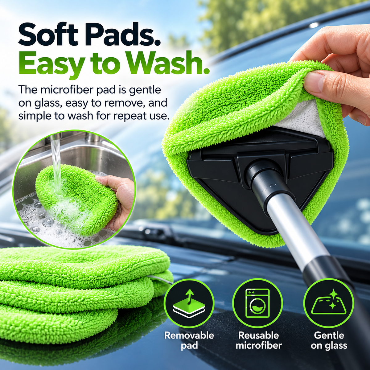 🚗✨Extendable Windshield Cleaning Tool Set – Reach-Anywhere Interior Glass Cleaner with Washable Microfiber Pads