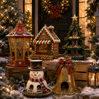Christmas bird feeder collection festive outdoor garden scene