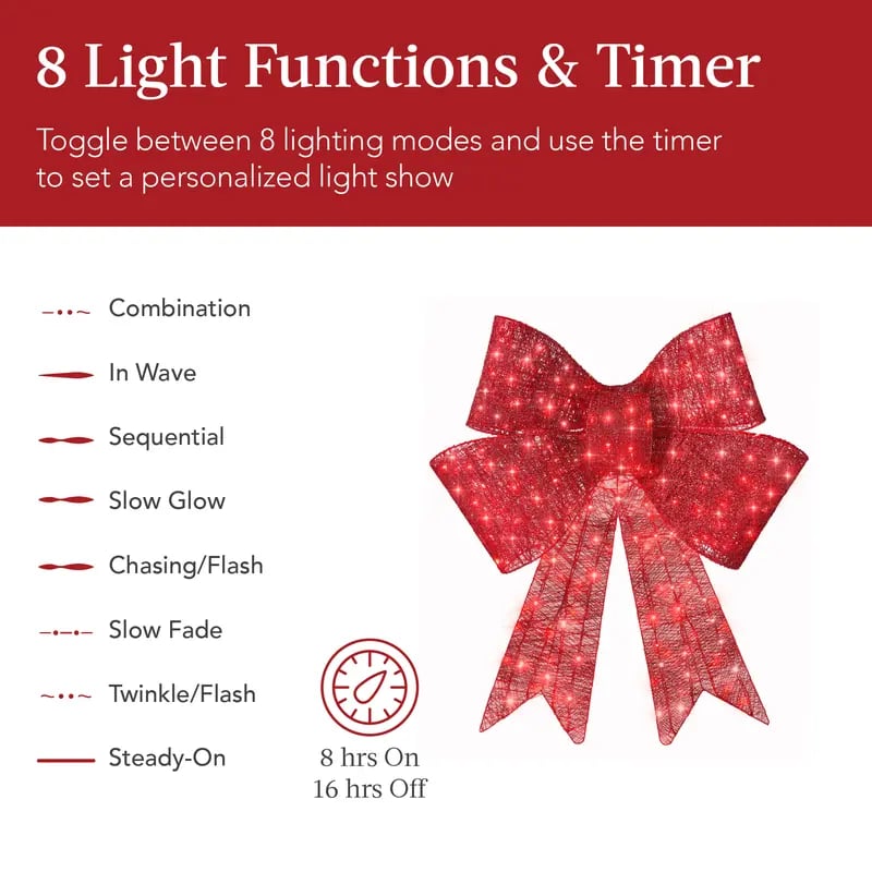🎄 24″–48″ Giant Lighted Christmas Bow – Red LED Outdoor Decoration with 8 Modes & Timer