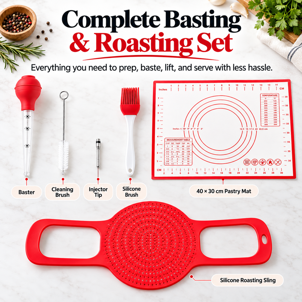 Complete basting and roasting tool set with silicone sling baster brush cleaning brush injector and pastry mat