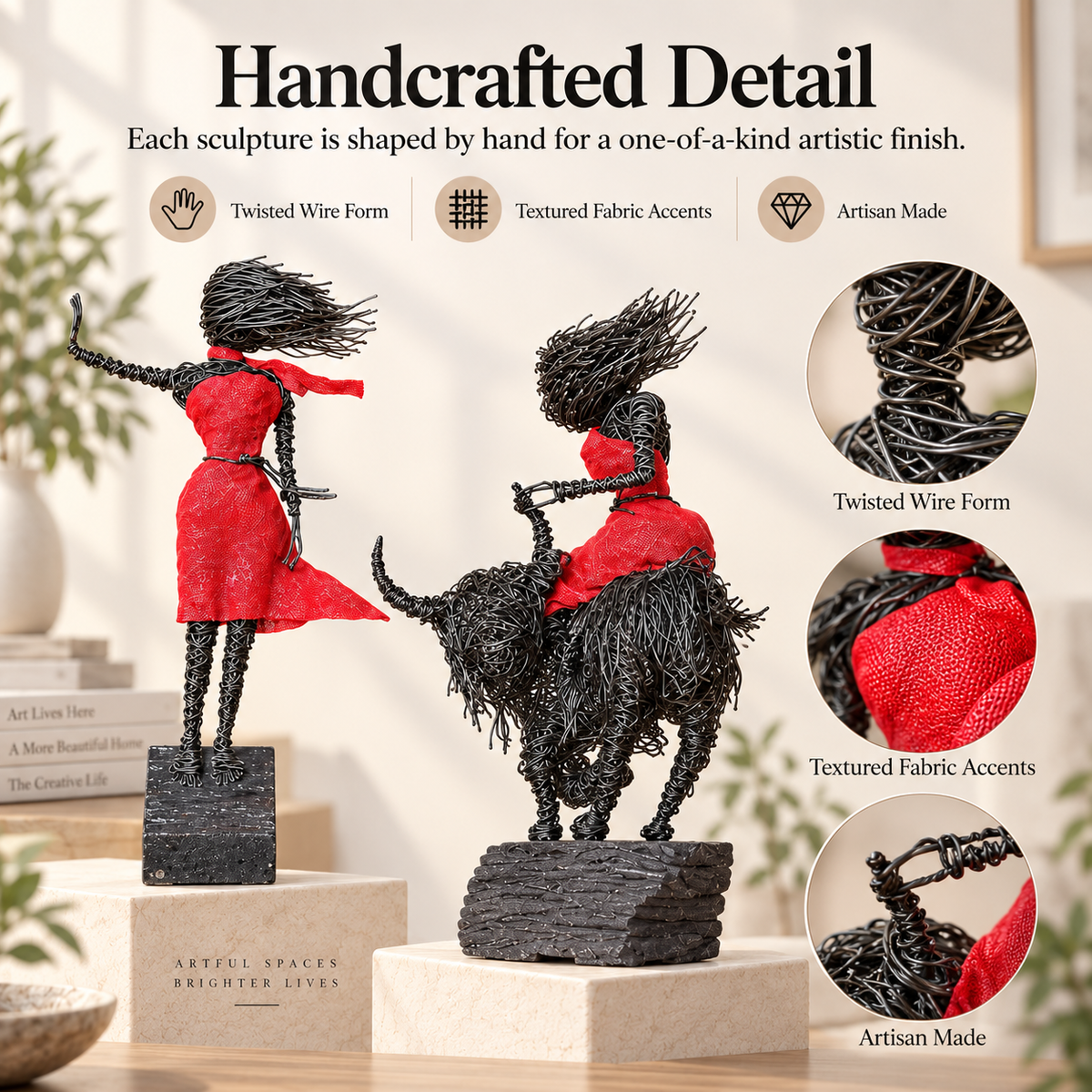 Handmade Wire Art Sculptures – Expressive Red-Accent Figurines for Home & Office