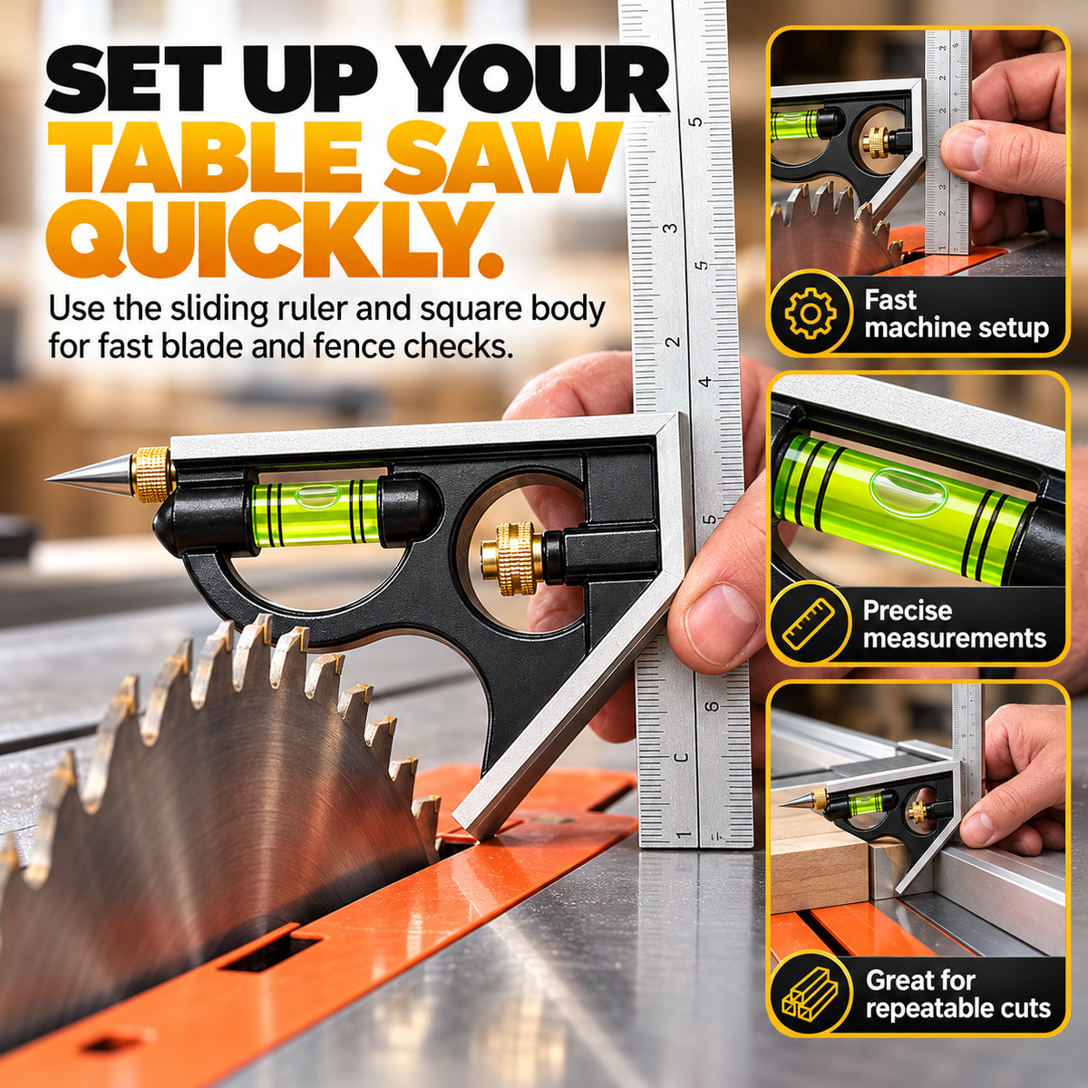 Combination square used to check table saw alignment and fence settings