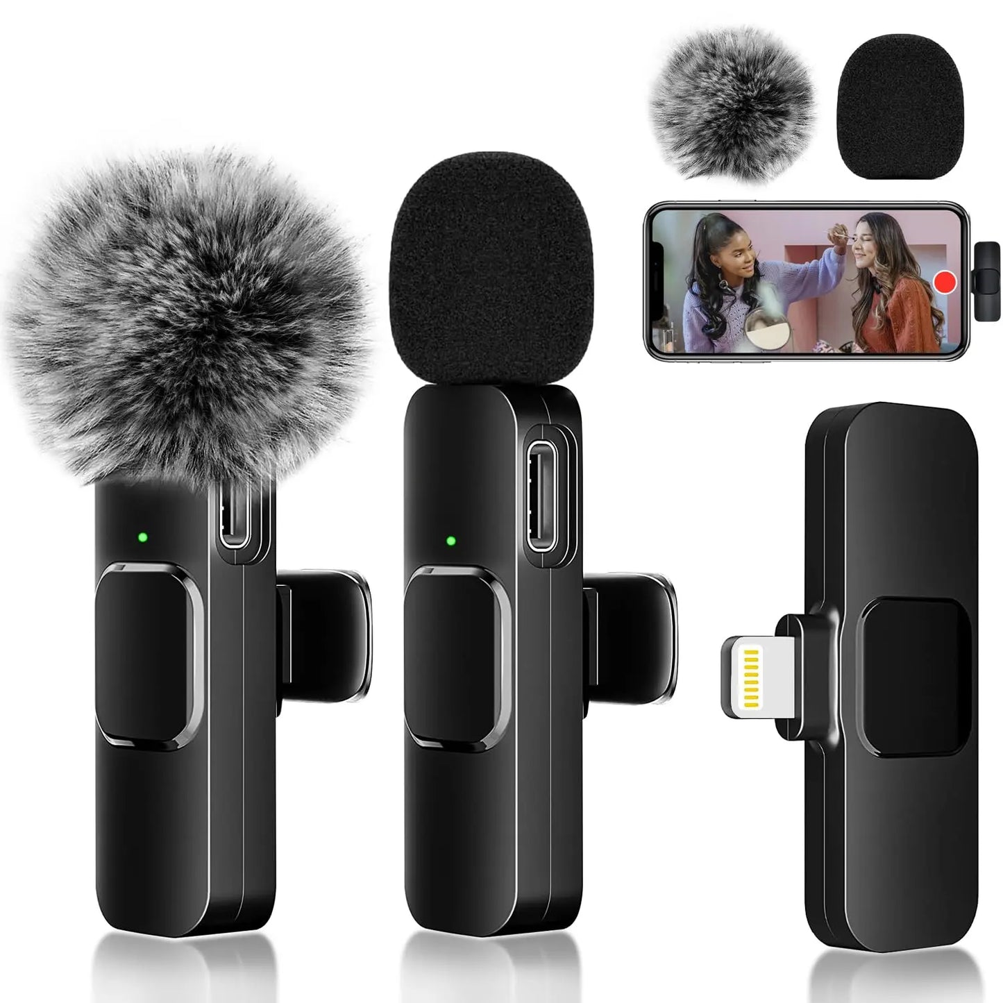 2 Pcs Wireless Lavalier Microphone for iPhone & Android | Plug & Play Dual Mic