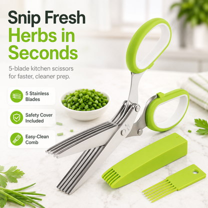 5-Blade Herb Scissors with Safety Cover & Cleaning Comb