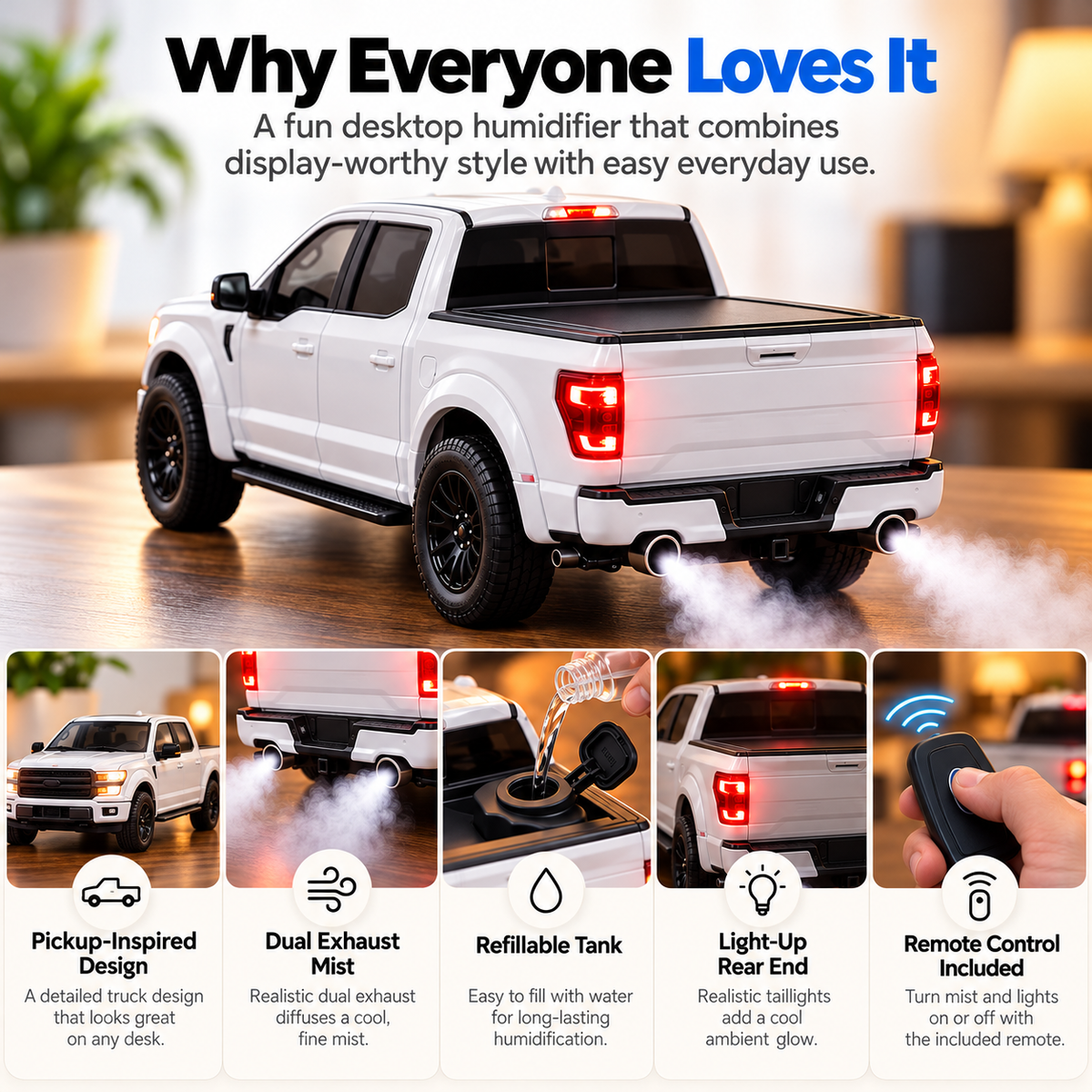 Overview of pickup-shaped humidifier highlighting dual exhaust mist, refillable water tank, rear LED lights and remote control
