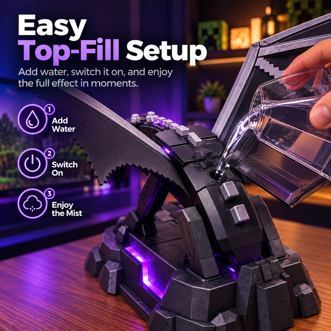 Top fill design demonstrated by pouring water into the fill opening on the back of the blocky fantasy dragon diffuser