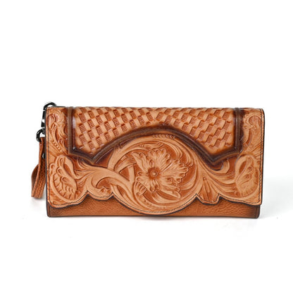 Genuine Leather Hand-Tooled Vintage Floral Wallet – Western Style Clutch & Wristlet