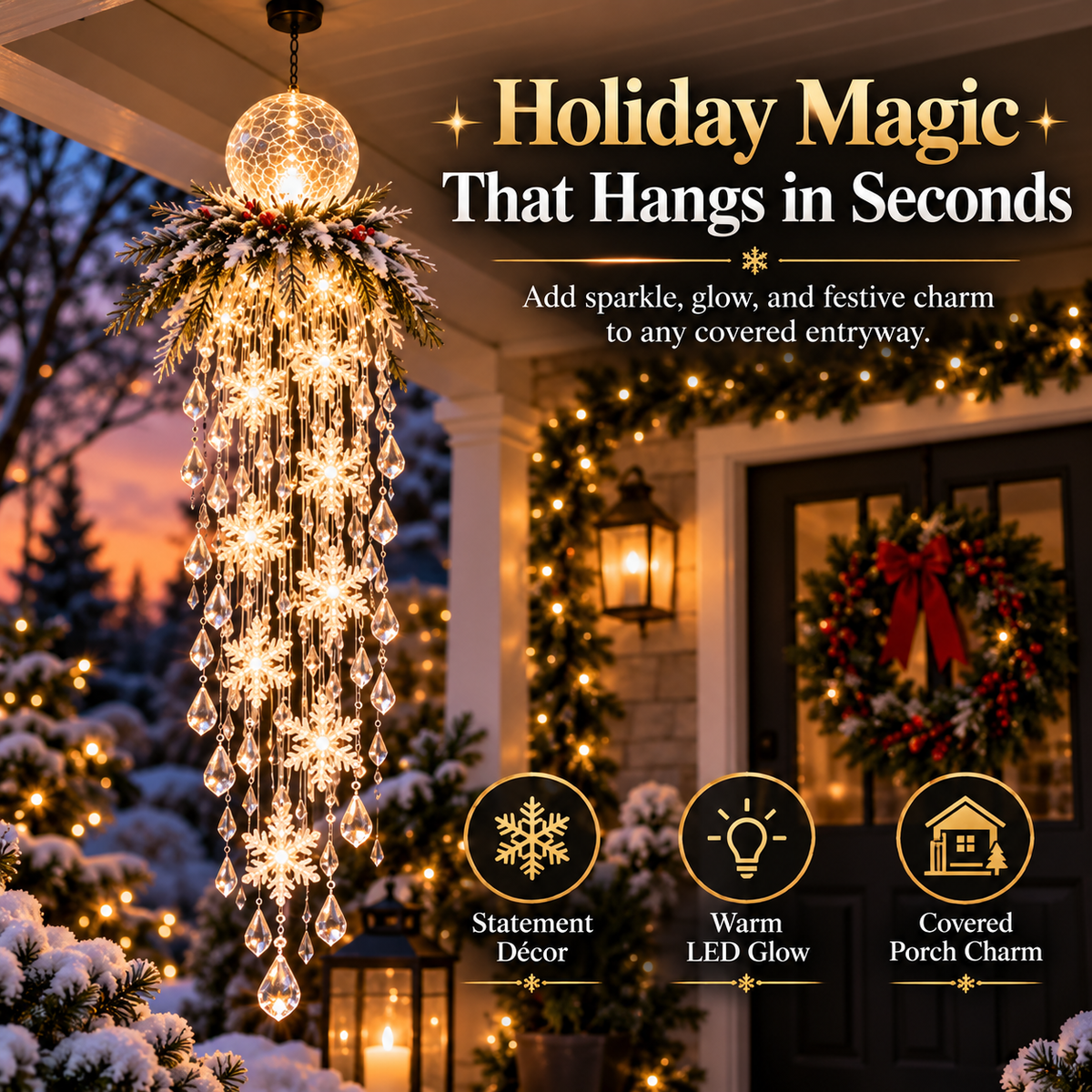 Warm glowing Christmas crystal cascade hanging snowflake light on a covered porch