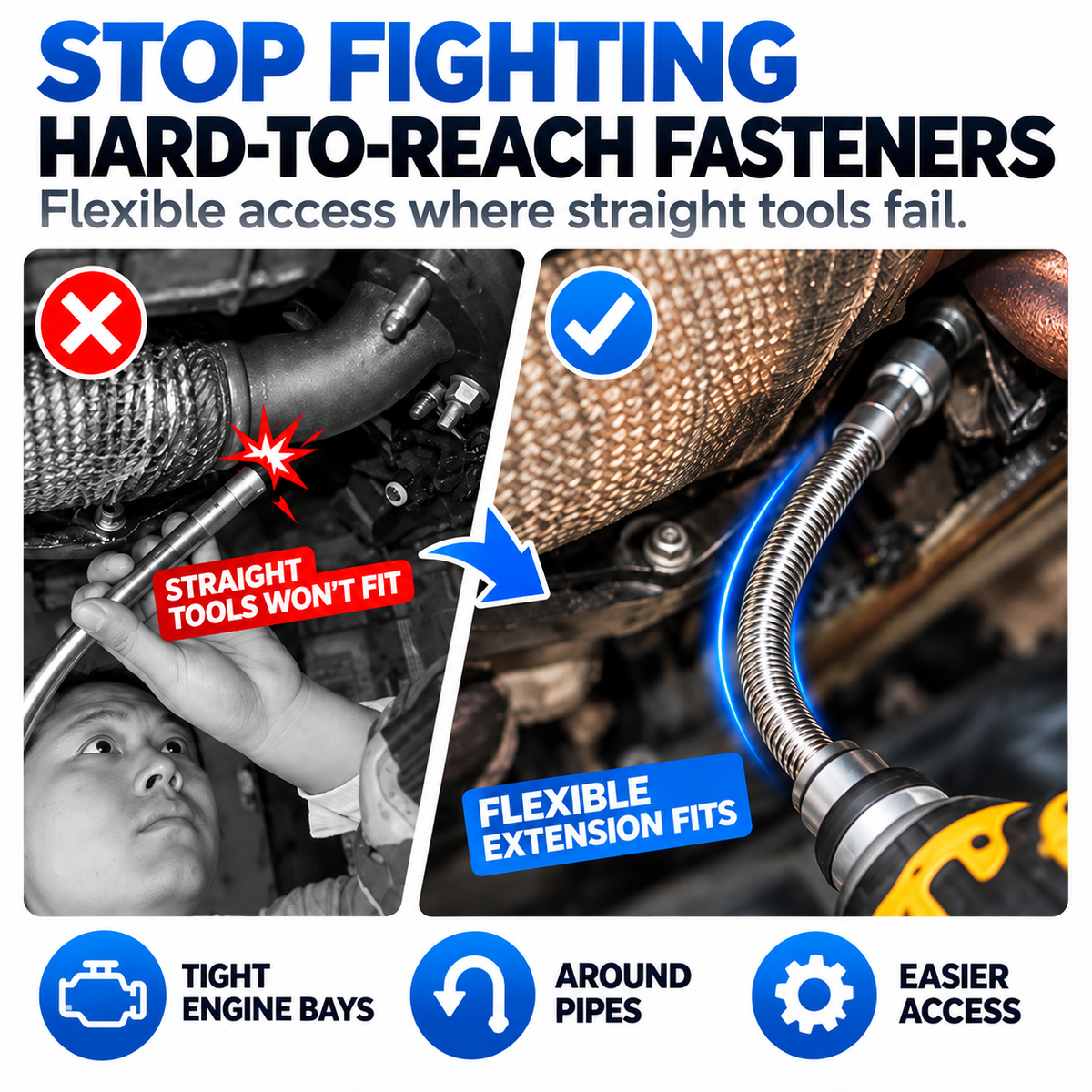 🔧 Flexible Socket Extension Bar Set – 3 Sizes, Bendable Spring Steel, Tight-Space Fastener Access for Automotive Repairs & DIY Projects ⚙️