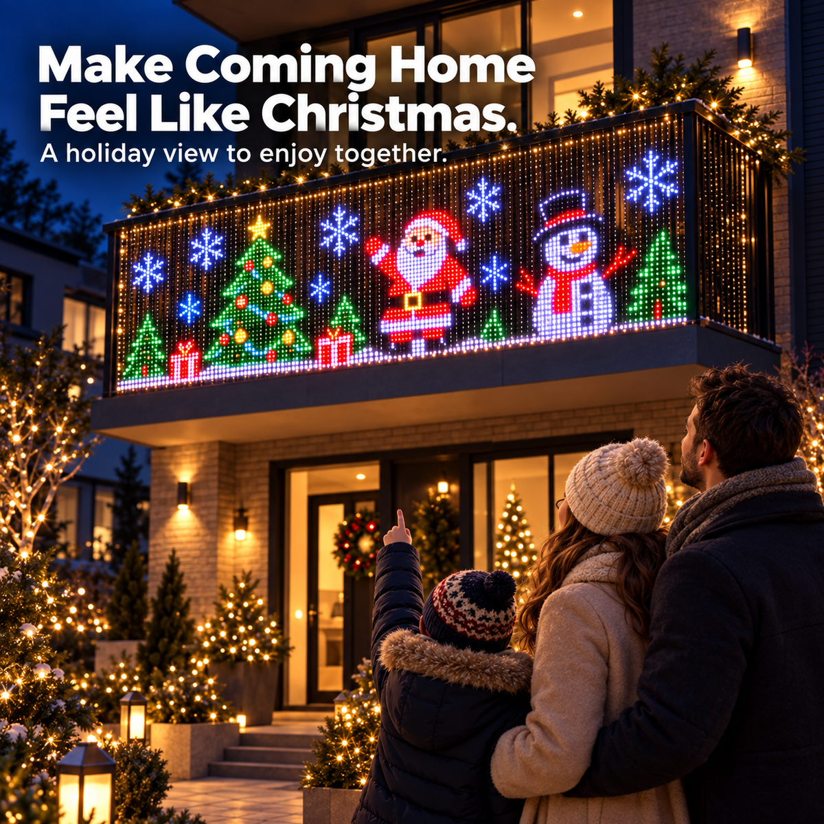 Animated Christmas pixel curtain display with Santa snowman Christmas tree and snowflakes across a balcony