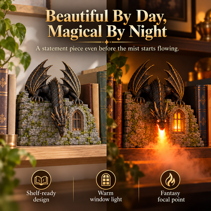 🐉🔥 Magical Fire-Breathing Dragon Book Nook ✨💨 LED Flame Mist Humidifier & Fantasy Castle Bookshelf Decor 📚🏰 Remote Control Dragon Diffuser 🎁 Unique Gift for Book Lovers