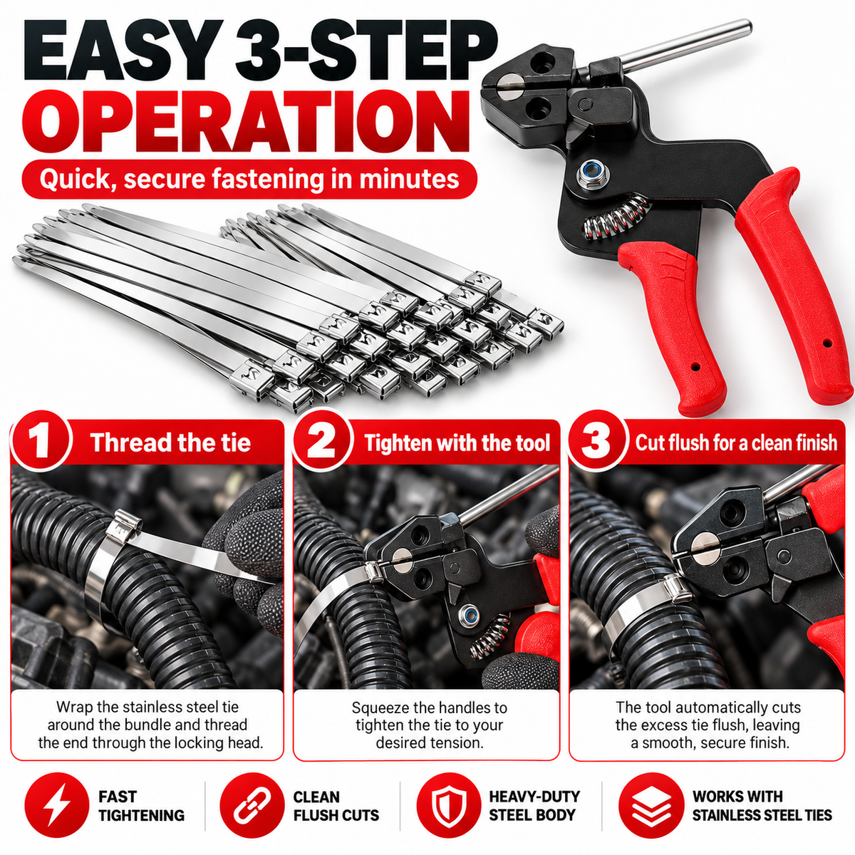 Illustrated three-step use of stainless steel cable tie tool: thread tie, tighten with pliers, and cut excess tail