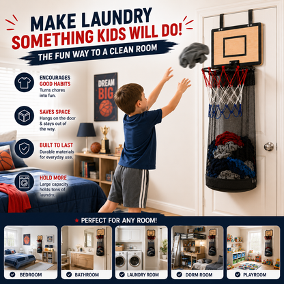 🏀Basketball Laundry Hamper – Over-the-Door Laundry Hoop for Kids' Rooms
