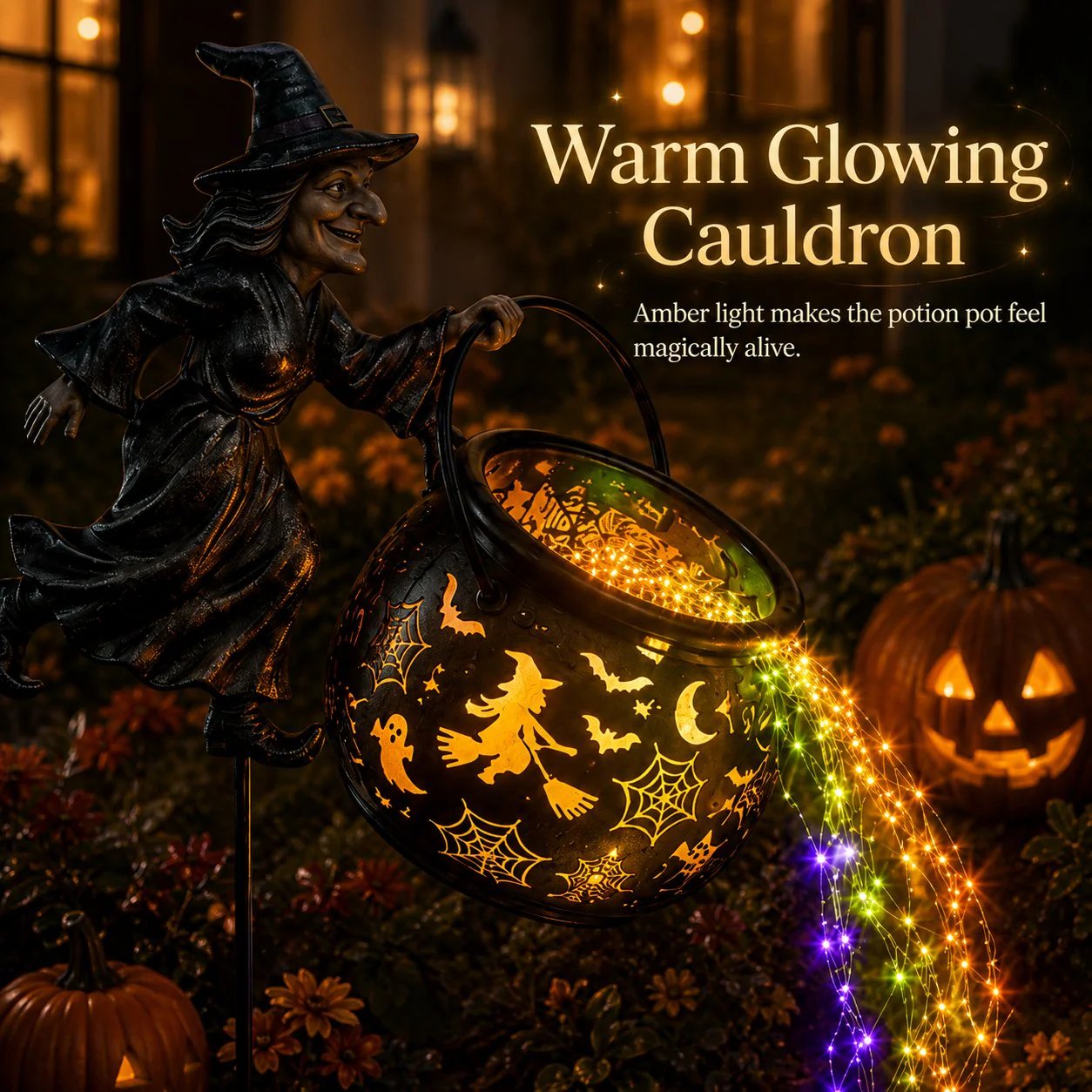 🔥 LAST DAY 50% OFF-🎃 Flying Witch & Glowing Cauldron Garden Light – Magical Halloween Yard Display ✨