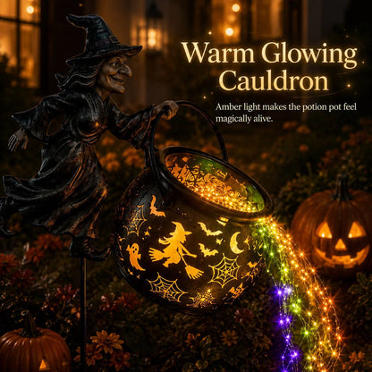 🔥 LAST DAY 50% OFF-🎃 Flying Witch & Glowing Cauldron Garden Light – Magical Halloween Yard Display ✨