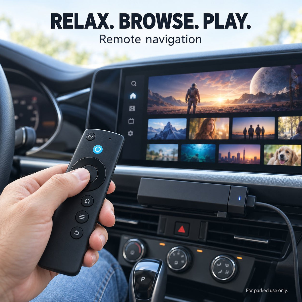 Black remote control with directional ring beside a factory car display showing streaming content