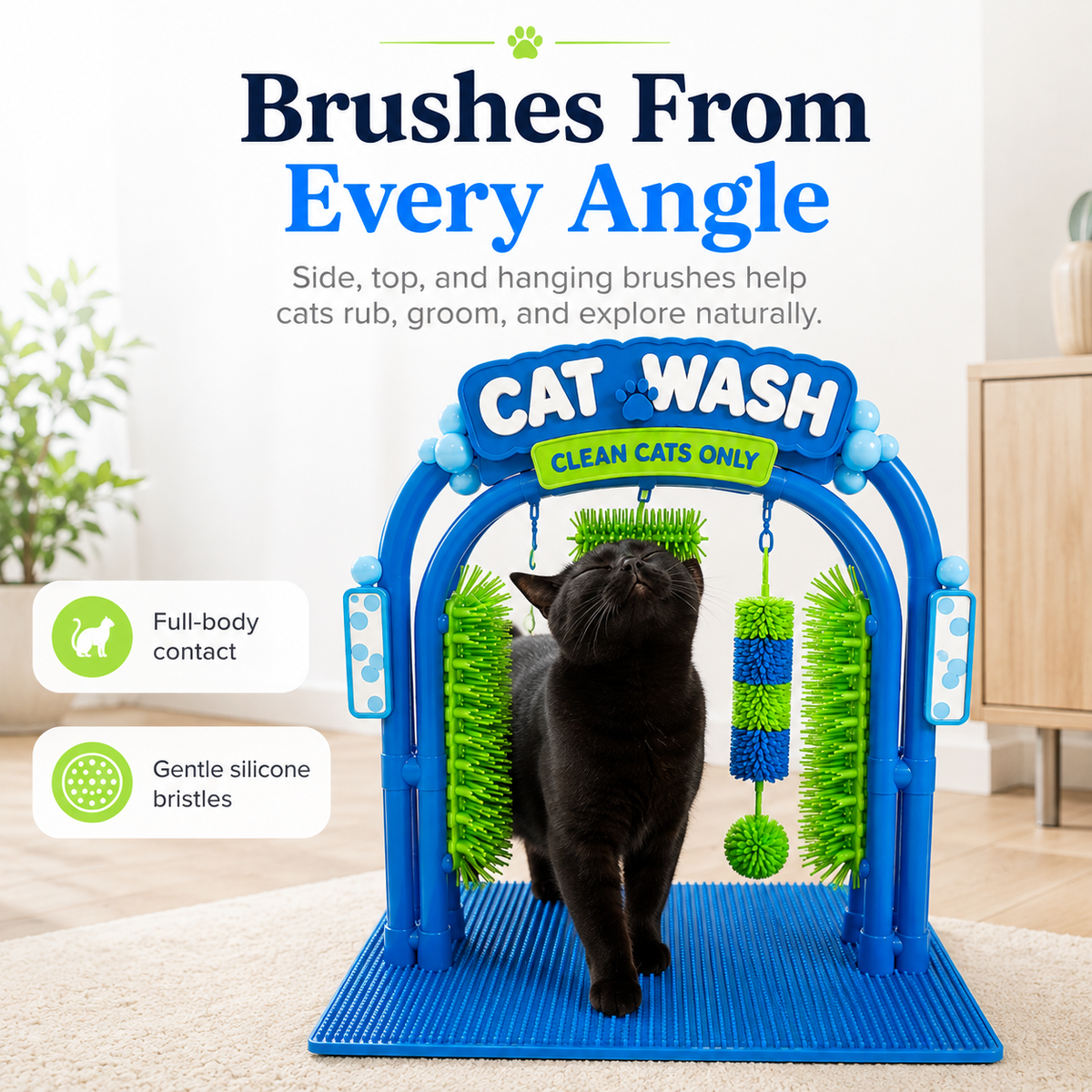 Cat contacting side and top brushes throughout The Cat Wash grooming arch