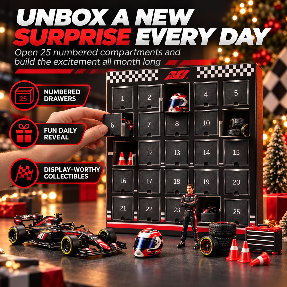 Hand opening numbered compartments of the 25-day racing advent calendar with miniature racing surprises