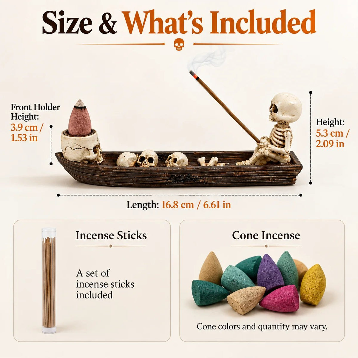 Skeleton boat incense holder dimensions and package details