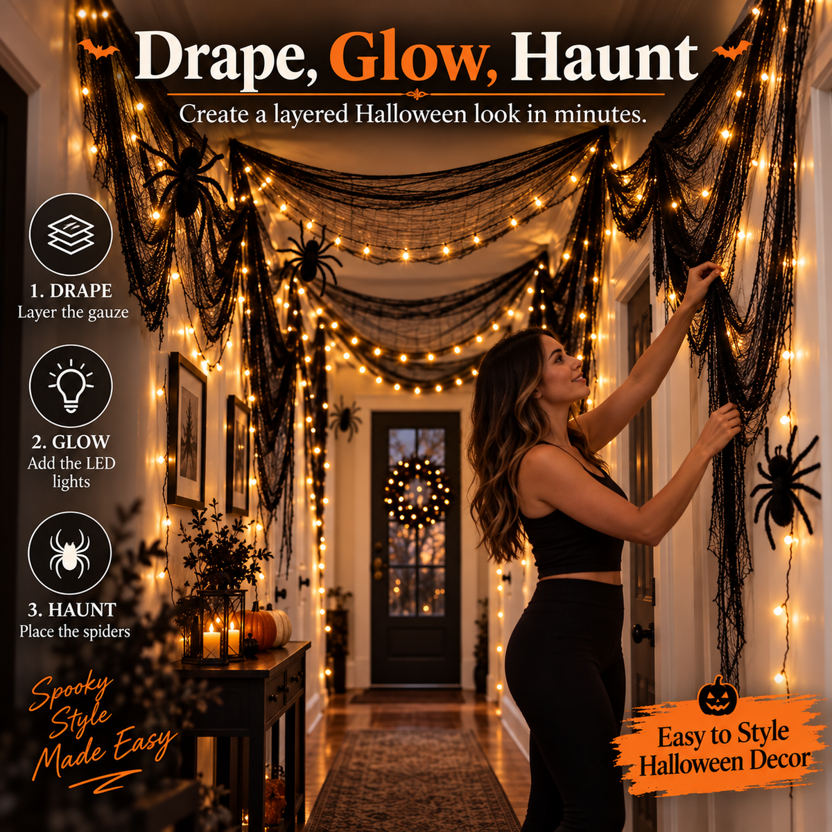 🕷️ Haunted Hallway Halloween Decor Set – Black Gauze, Warm LED Lights & Spooky Spider Decorations