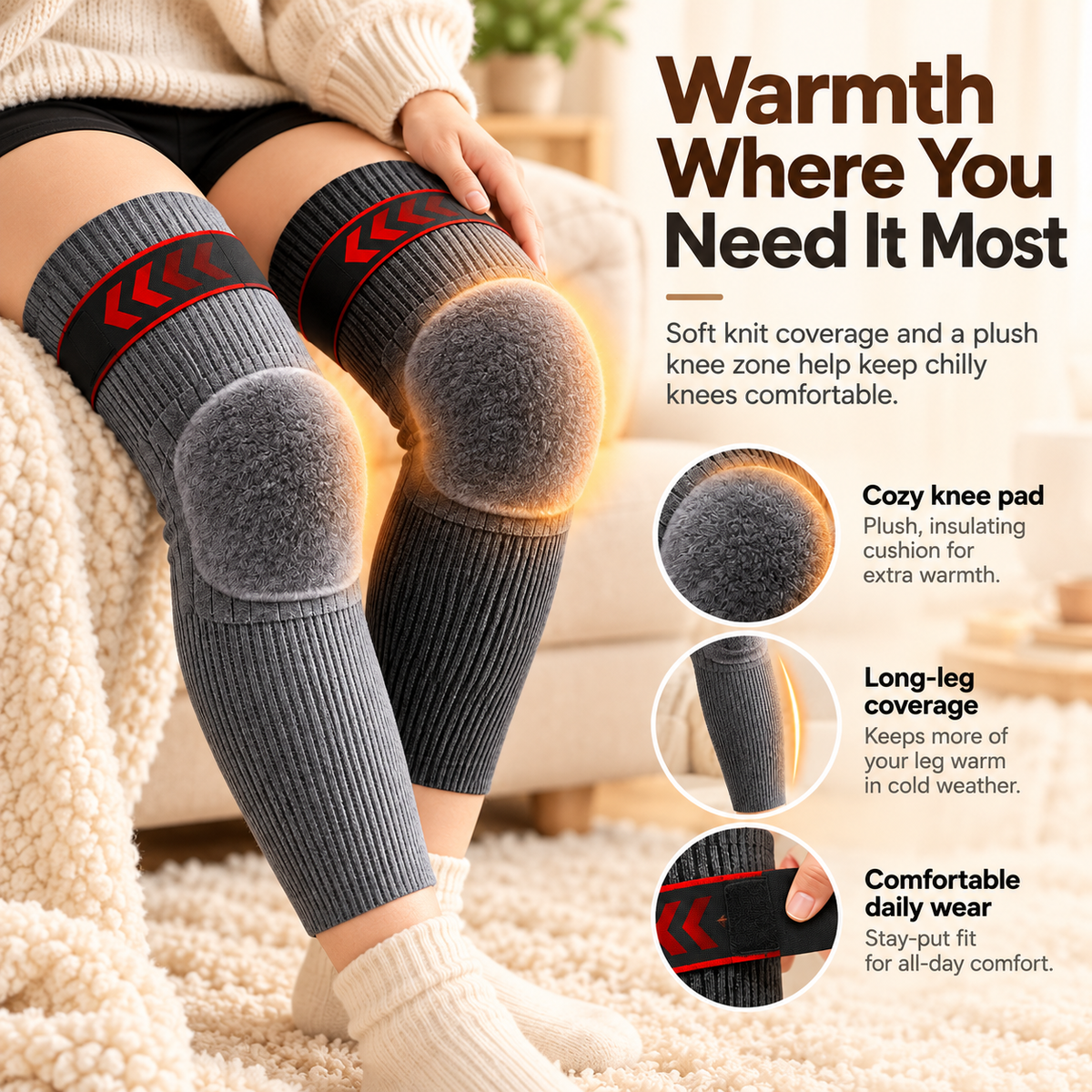☁️🧶Fleece-Lined Thermal Knee Warmers with Adjustable Stay-Put Strap