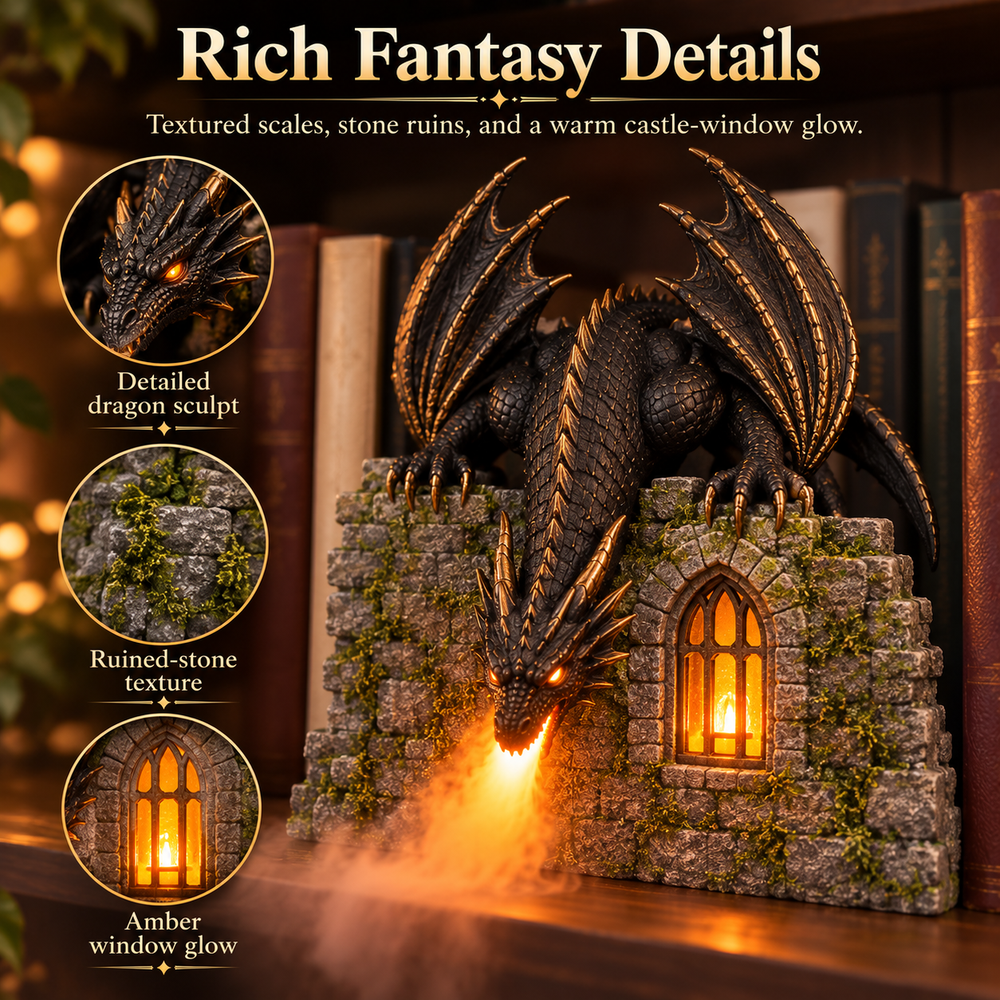 Detailed dragon sculpture with black textured scales gold edged wings claws mossy stone ruins and illuminated castle window