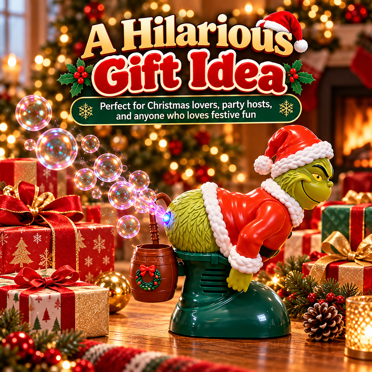 Funny green Christmas bubble machine displayed among wrapped presents glowing Christmas tree and festive decorations as a holiday gift idea