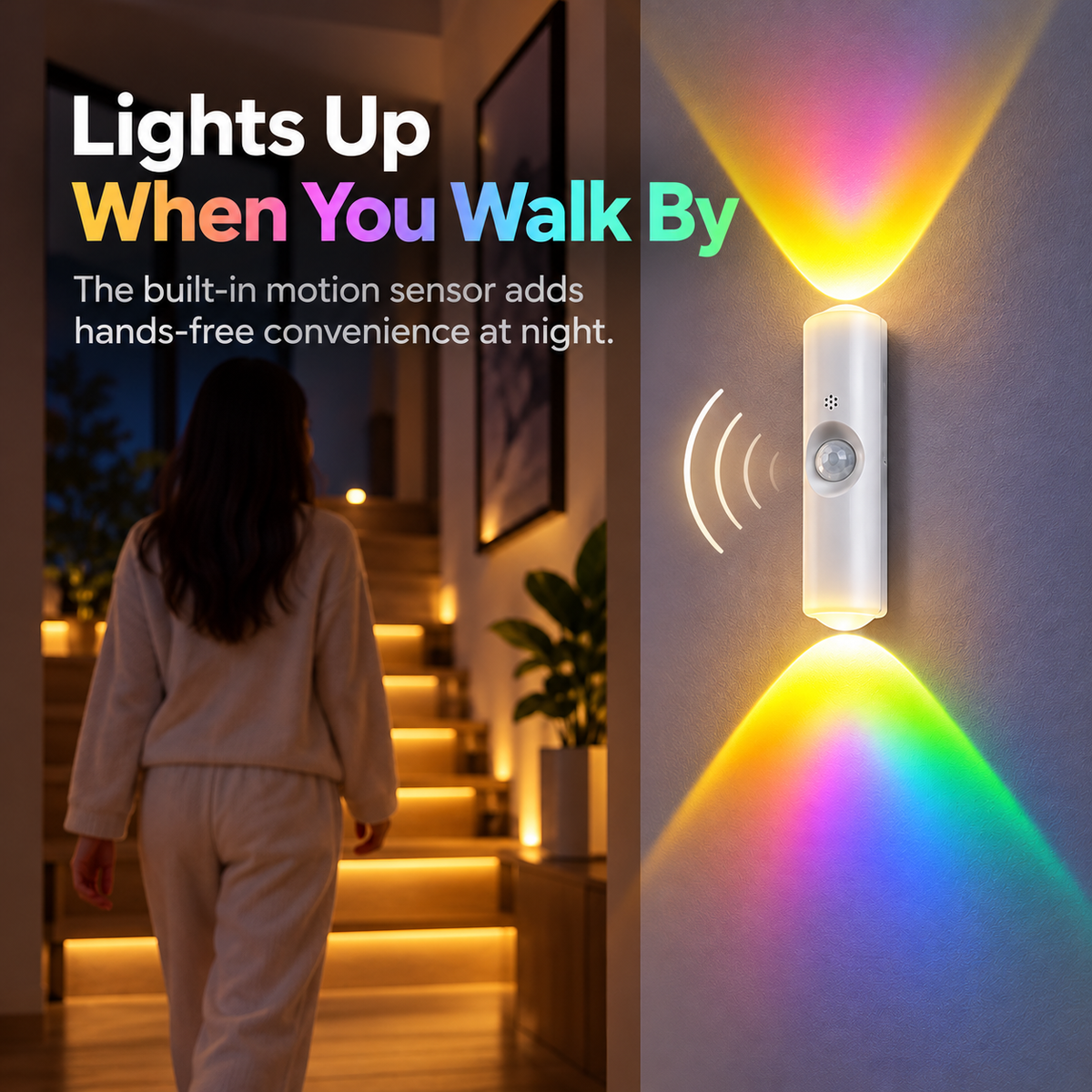 Motion sensor wall light turning on as a person walks past