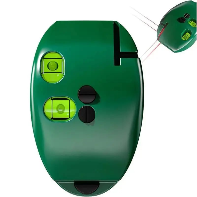 Front view of compact green cross laser bubble level showing laser apertures and two spirit vials