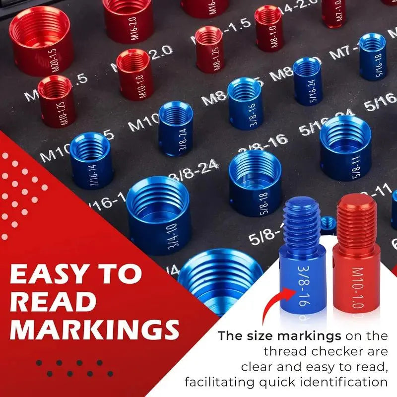 Close-up of red and blue thread checker gauges with clear size markings