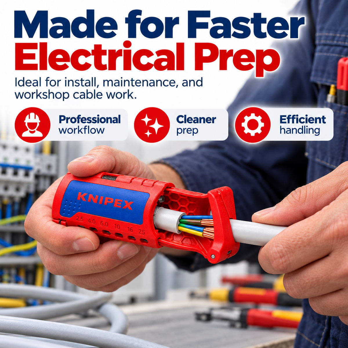 Electrician using a compact cable stripping tool to prepare a multicore cable at a workbench