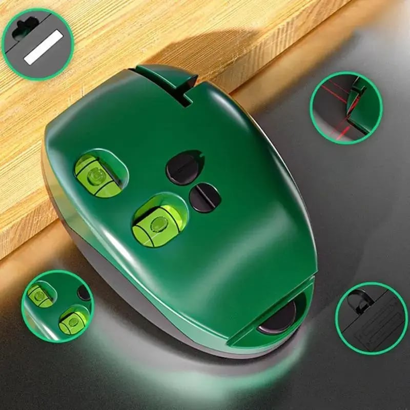 Compact green laser level showing underside attachment area bubble levels and laser openings