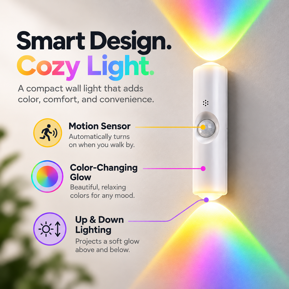 Compact wall light with motion sensor color-changing light and up-and-down illumination