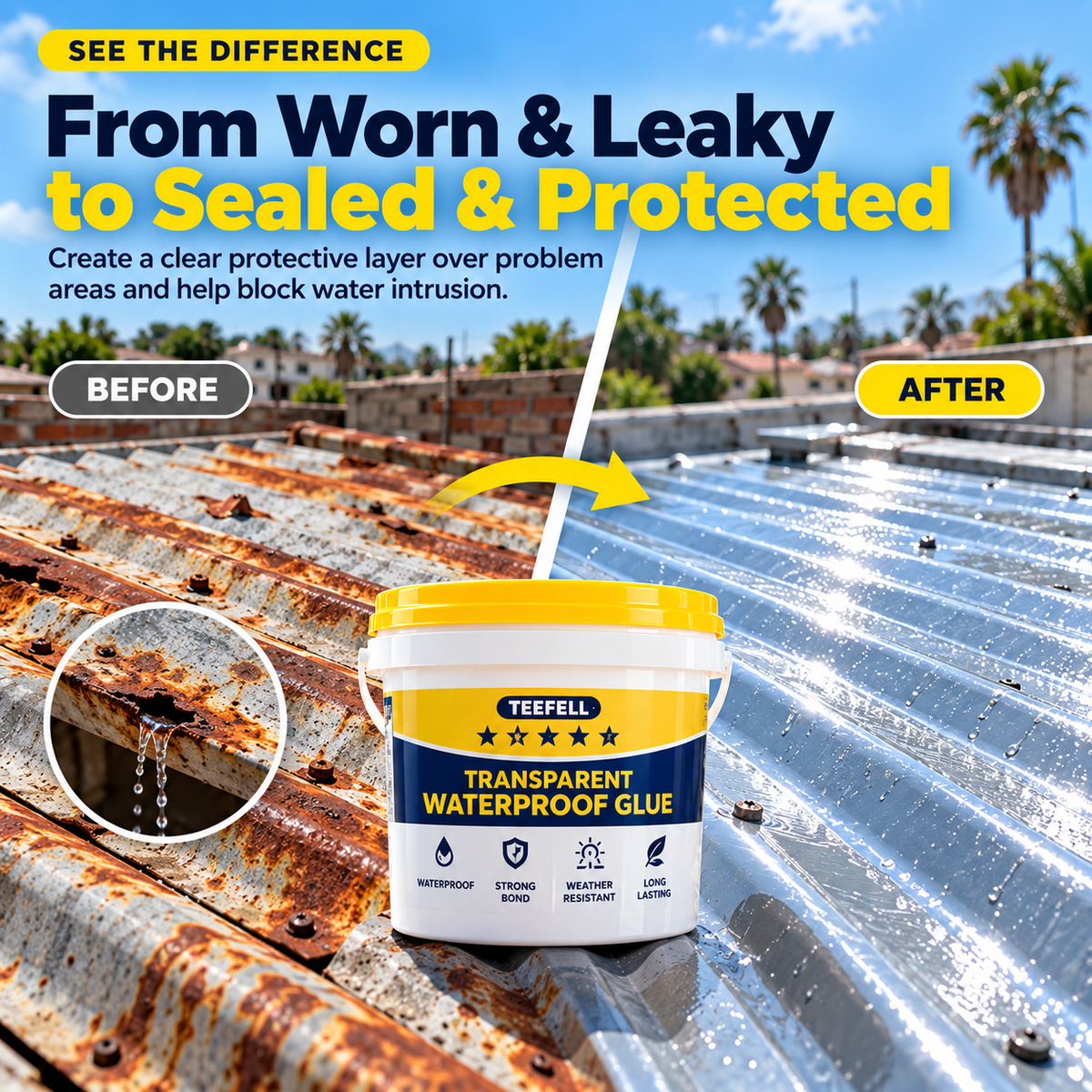 Before and after metal roof surface with transparent repair coating applied