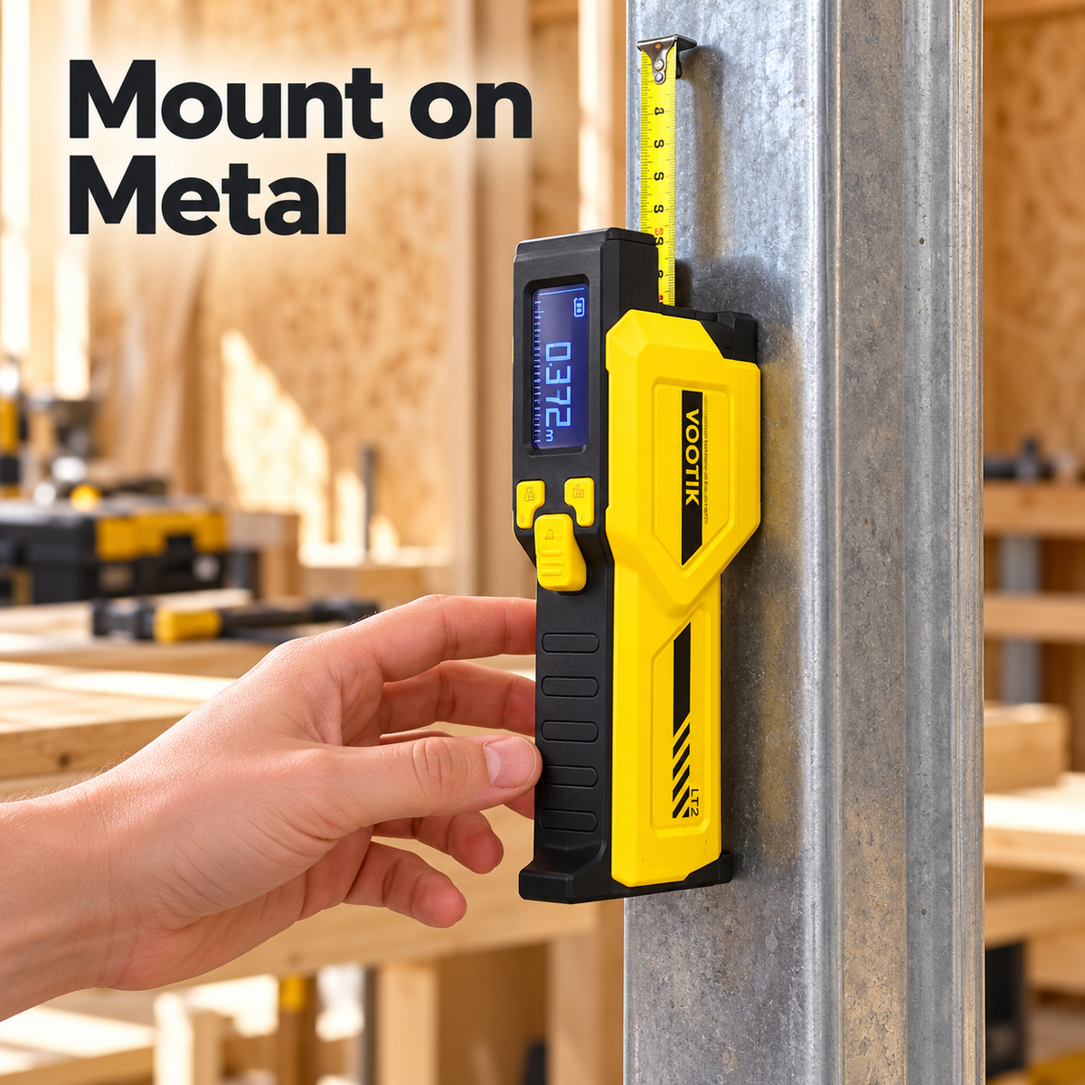 Magnetic positioning of the tape measure on metal