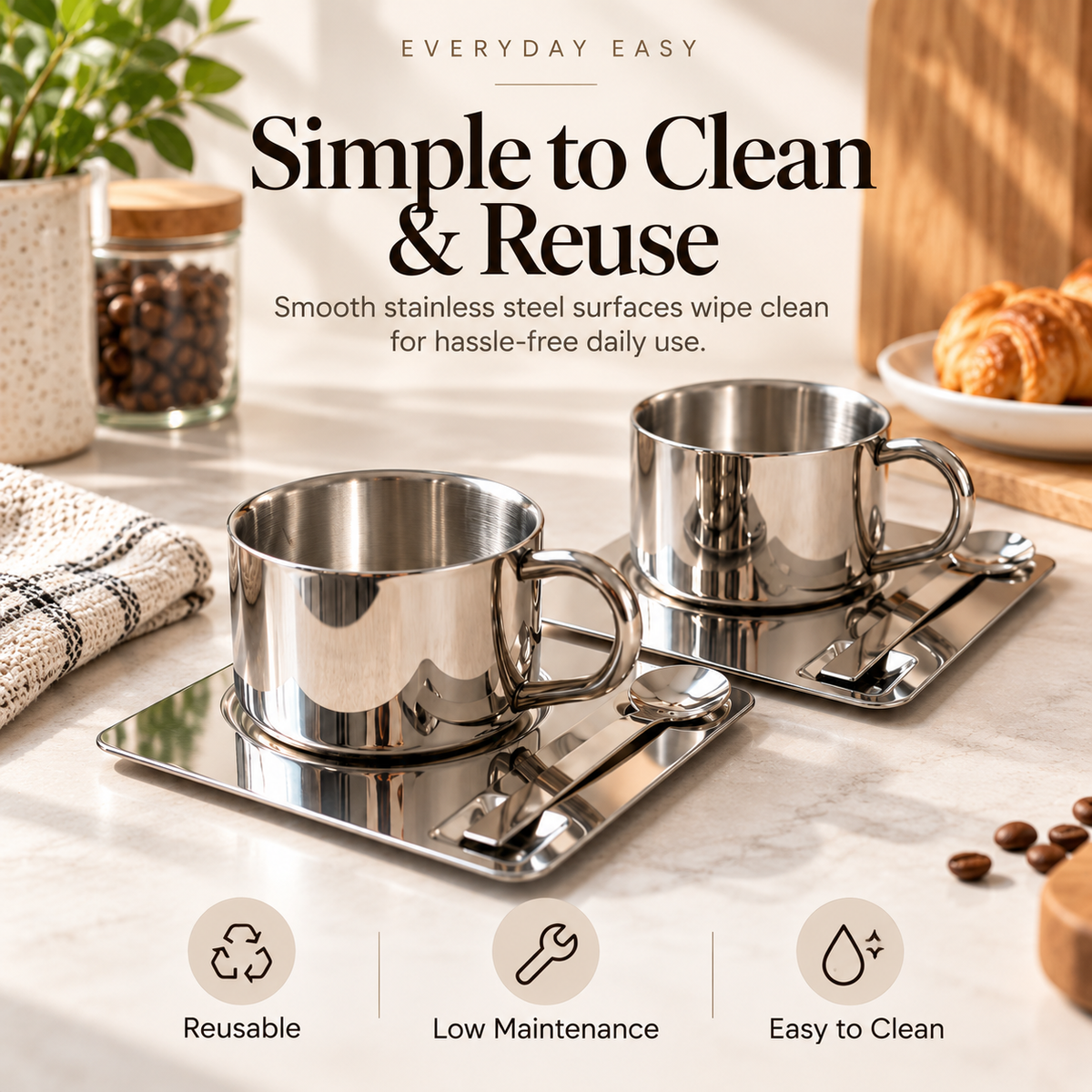 🤎 ☕Elegant Stainless Steel Coffee Cup Set with Matching Tray & Spoon – Modern Minimalist Coffee & Tea Drinkware