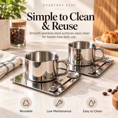 🤎 ☕Elegant Stainless Steel Coffee Cup Set with Matching Tray & Spoon – Modern Minimalist Coffee & Tea Drinkware