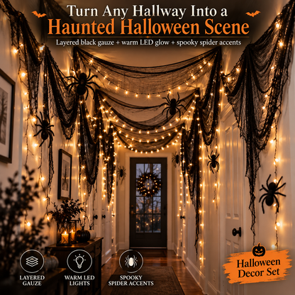 🕷️ Haunted Hallway Halloween Decor Set – Black Gauze, Warm LED Lights & Spooky Spider Decorations