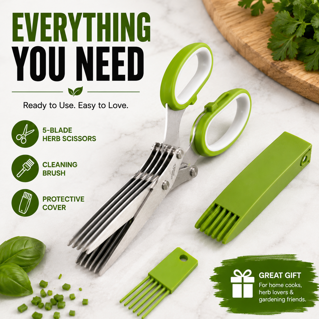 ✂️5-Blade Stainless Steel Herb Scissors with Cleaning Brush & Protective Cover