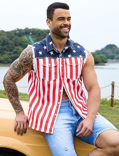 Yuanbang 4th of July Men’s and Women's American Flag Denim Vest - 4th of July Patriotic Casual Sleeveless Jacket