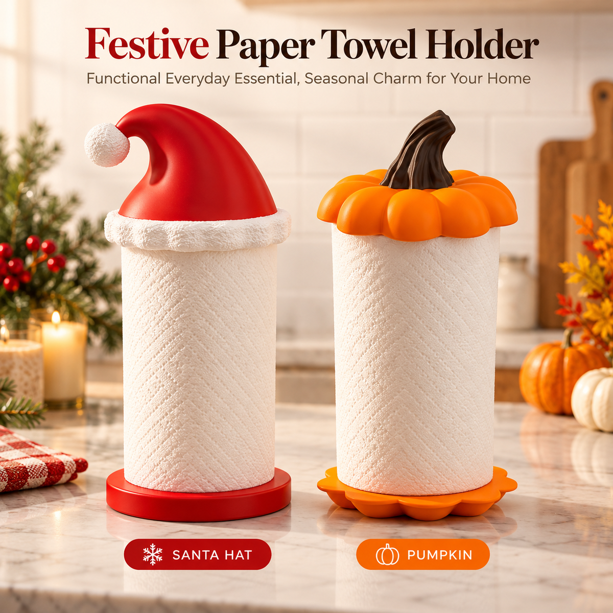 🎅🎃 Festive Holiday Paper Towel Holder 🎄✨ Cute Santa Hat & Pumpkin Design 🏡🍂 Kitchen Countertop Decor 🎁 Perfect Holiday Gift