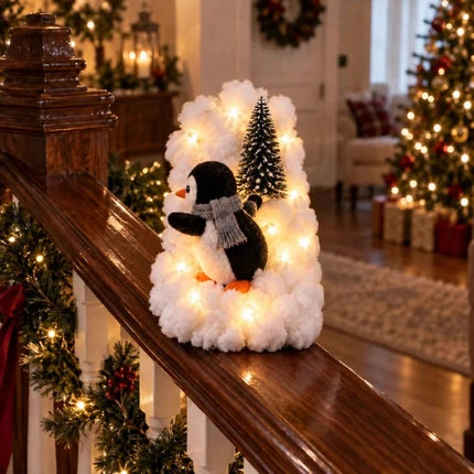🐧 Lighted Penguin Christmas Stair Decor – 5-Piece Snowy Railing Display