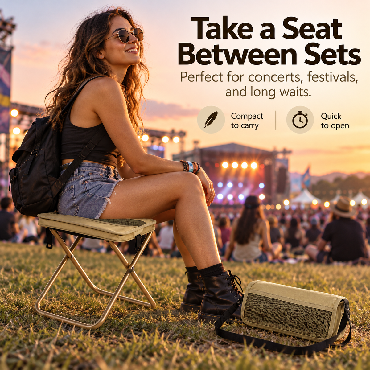 Woman taking a seated break on a compact folding stool at an outdoor concert