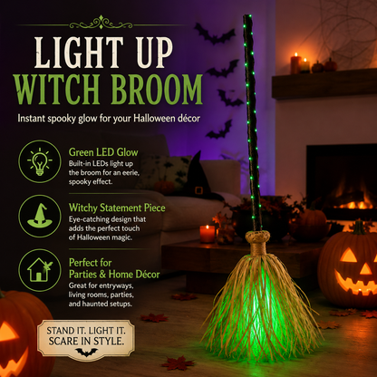 🧹 Light-Up Witch Broom Halloween Decoration – Spooky Green LED Décor