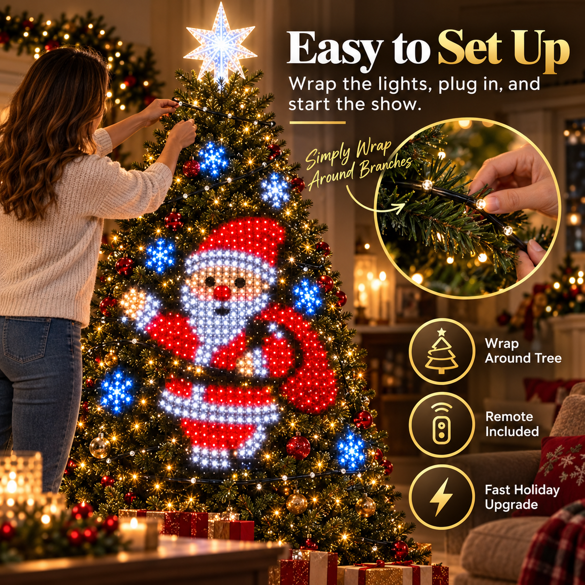🎄 Remote-Controlled Animated Christmas Tree LED Lights – Festive Pattern Light Show with Star Topper