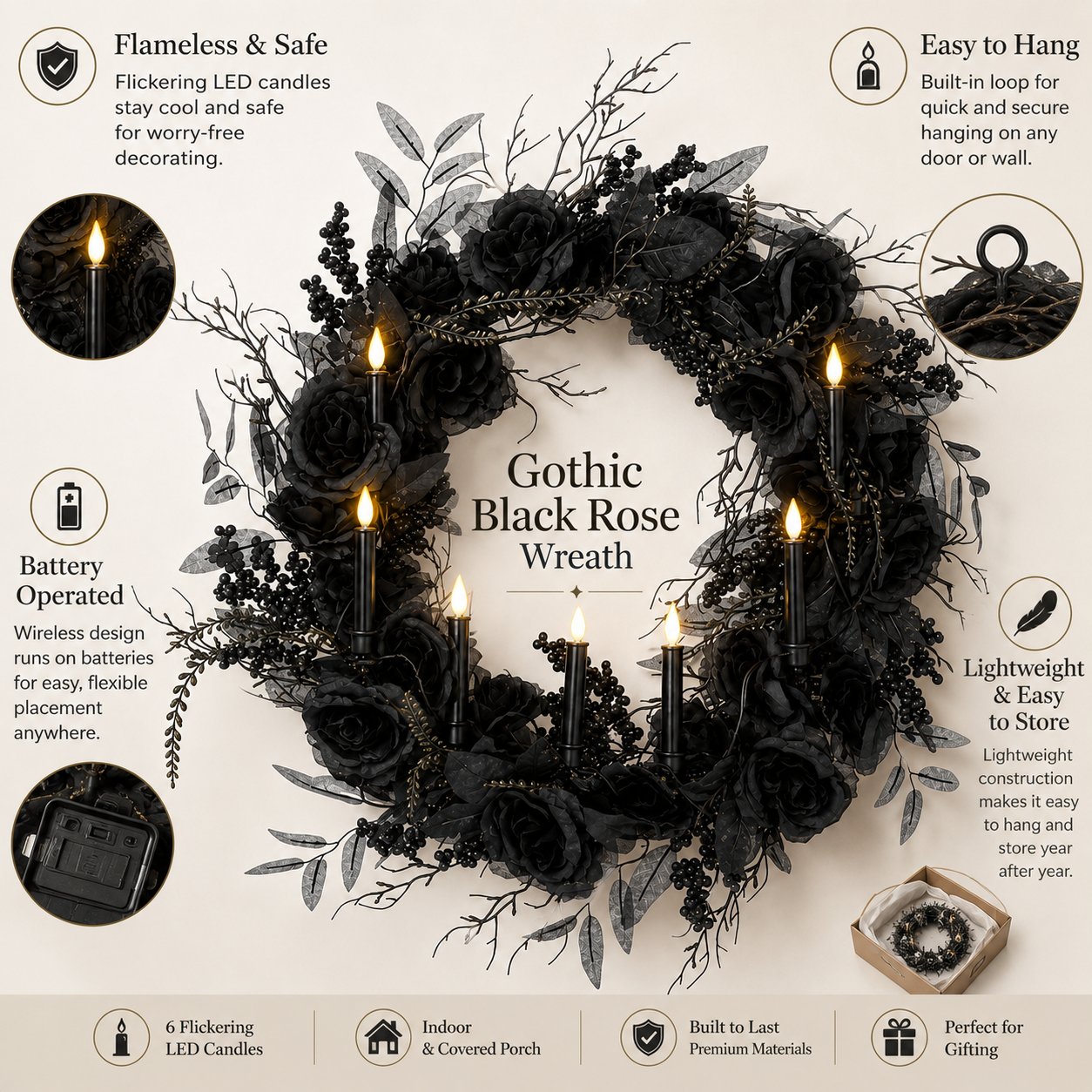 🎁Elevate your Halloween vibe 🖤Black Rose Candle Wreath