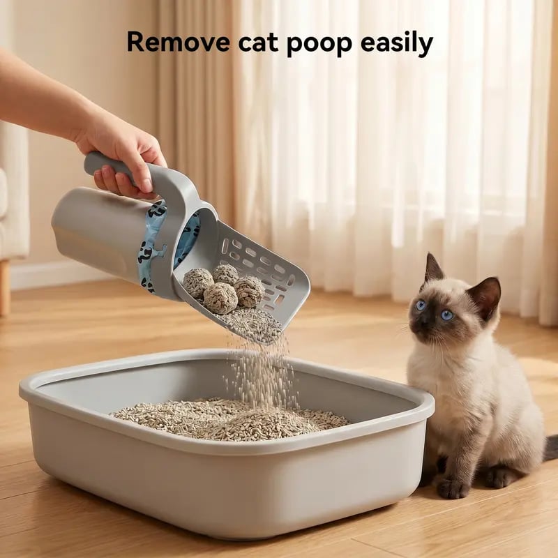 Cat Litter Scooper with Holder, Upgraded Cat Litter Shovel with Bags, 2-in-1 Detachable Sifter and Trash Box System with Refilled Bags, One-Handed Operation Kitty Poop Scooper, Ideal for Cats, Kittens