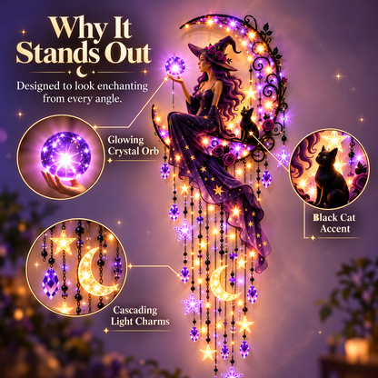 🔮✨ Enchanted Witch Moon Wall Hanging 🌙💜 Glowing Crystal Ball & Star Lights ⭐🐈‍⬛ Magical Gothic Wall Decor for Bedroom, Halloween & Cozy Home 🪄