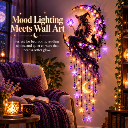 🔮✨ Enchanted Witch Moon Wall Hanging 🌙💜 Glowing Crystal Ball & Star Lights ⭐🐈‍⬛ Magical Gothic Wall Decor for Bedroom, Halloween & Cozy Home 🪄