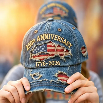 Honor Freedom. Wear History. 1776–2026 American Flag Vintage Denim Baseball Cap